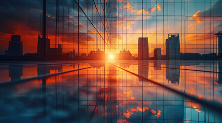 Poster - Reflection, Sunset over a buildings horizon, buildings skyscraper, Vivid orange hues, Sunset mirrored in the glass creating a stunning effect. Generative AI.