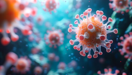 Wall Mural - A close up of a virus with red and white spots. The virus is surrounded by a blue background