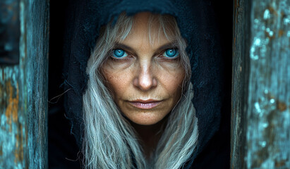 A portrait of an old woman with long hair and blue eyes wearing a black hood, standing in the doorway to her house, looking at the camera