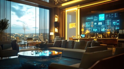 Modern Luxury Lounge With Cityscape View and High-Tech Display