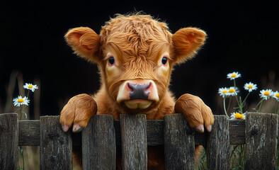 A baby cow is standing in front of a wooden fence. The fence is wooden and has a few flowers growing around it. The cow is looking at the camera, and the scene has a peaceful and calm mood