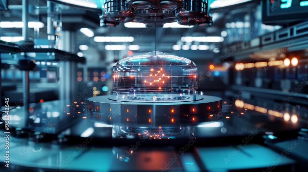 Illustration of a quantum computer core, depicted with glowing qubits ...