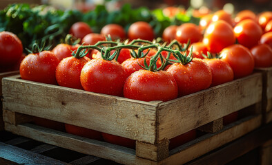 Wall Mural - A crate of tomatoes is sitting on a wooden table. The tomatoes are red and shiny, and they are arranged in a way that makes them look fresh and inviting