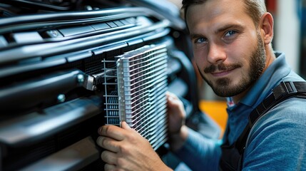 Poster - A man install car cooling radiator of the car. Generative AI.