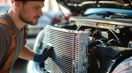 Poster - A man install car cooling radiator of the car. Generative AI.