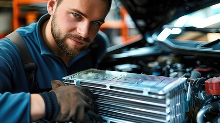 Poster - A man install car cooling radiator of the car. Generative AI.