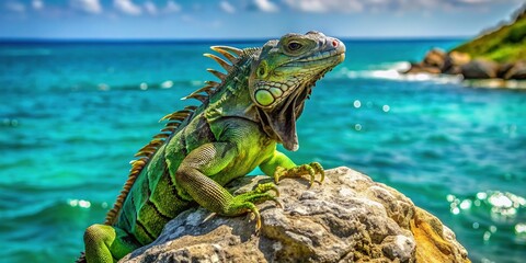 A vibrant green iguana perches on a rocky outcropping, its scaly skin glistening in the sunlight as it gazes out at a serene turquoise marine landscape.