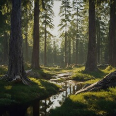 a vertical shot of beautiful forest surrounded by the trees and river