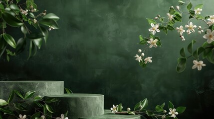 Canvas Print - Dark green background with space for text featuring plaster podiums and foliage adorned with flowers