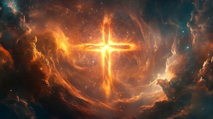 A glowing cross shaped nebula in space.