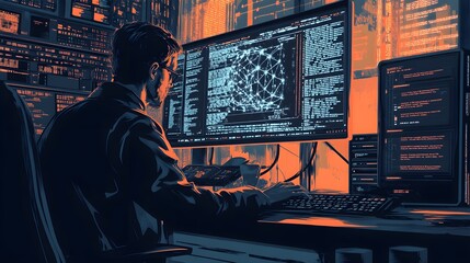 A man is sitting in front of a computer monitor, working on a project