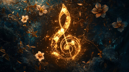 Elegant treble clef formed by intertwining vines and flowers, glowing softly against a dark background