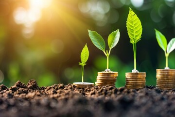 Four small plants are growing in stacks of gold coins representing growth, investment, and financial success.