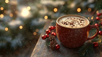 Wall Mural - Photo-realistic holiday coffee setup, Christmas-themed coffee cup with festive decorations, rich textures of coffee and holiday accents, natural lighting, high-definition details, warm and cozy