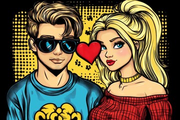 Poster - Cognitive chip Neuro network Pop art style illustration of a couple with sunglasses and puzzle brains symbolizing a fun and intellectual connection in relationships