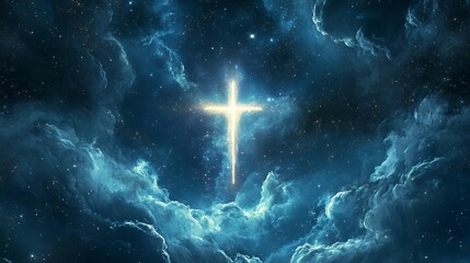 A glowing cross shines brightly in a dark and starry sky, surrounded by swirling clouds.
