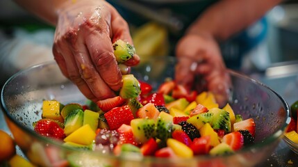 Close-up of hands adding fruit to a bowl of fruit salad