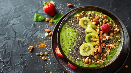 Green Smoothie Bowl with Kiwi, Berries, Nuts and Seeds