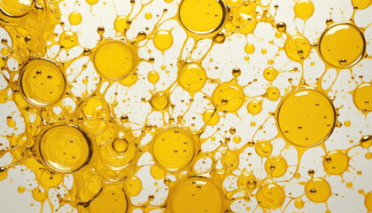 Splashes and drops of liquid oil. Fresh Olive or motor engine oil eco nature golden color close-up. Shine yellow Cosmetic oil or Cosmetic Essence Liquid drop