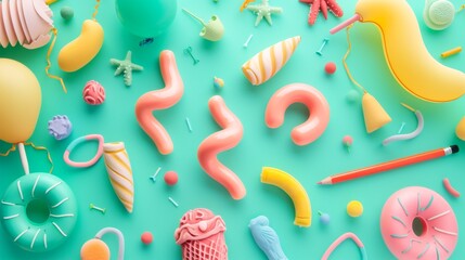 A vibrant and playful assortment of colorful objects scattered on a teal background, featuring various shapes and textures in a whimsical arrangement.