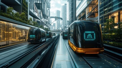 Wall Mural - Futuristic Automated Trains in a Bustling Metropolis