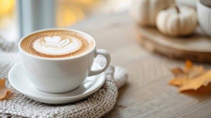 A close-up of pumpkin spice latte art with a delicate pumpkin silhouette.