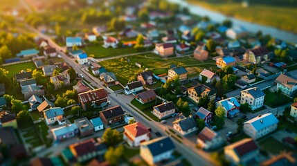 Canvas Print - Aerial View of a Peaceful Village at Sunset