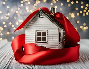 Wall Mural - Merry Christmas and happy new year horizontal banner with small toy model house wrappe