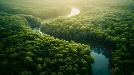 Sticker - Aerial View of a Lush Forest with a Winding River