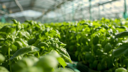 Wall Mural - Close-Up of Lush Basil Plants Growing in a Greenhouse