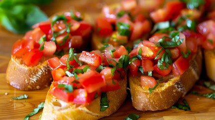 Wall Mural - Tomato Bruschetta with Basil A Simple and Delicious Italian Appetizer