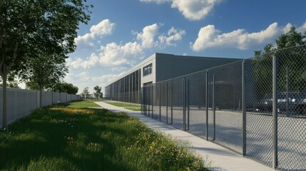 high-tech data center building with secure perimeter fencing. -