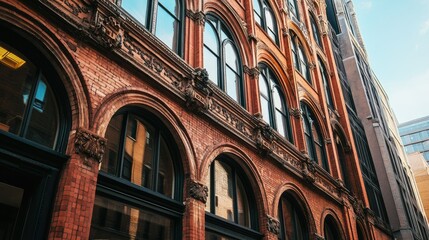 Historic brick building with arched windows and ornate architectural details, standing tall on a city street.