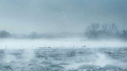 Canvas Print - Winter Wonderland Snowy Field with Trees and Fog