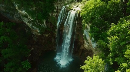 Wall Mural - Aerial View of a Waterfall Surrounded by Lush Greenery