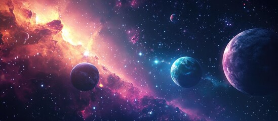 Fototapete - Space scene featuring planets stars and galaxies rendered in 3D cartoon style Panorama Horizontal view skinali Web banner