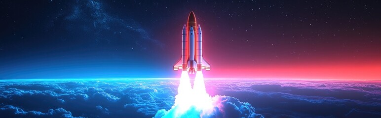 Aufkleber - 3D cartoon illustration of a launch of a space shuttle in open space above Earth Blue gradient Space themed artwork for wallpaper