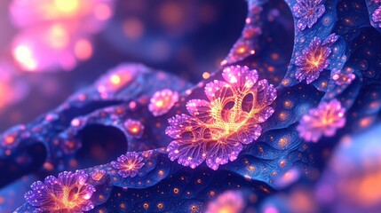 Aufkleber - Abstract fractal background illustrations in a 3D cartoon rendering showcase fantasy textures chaotic ornaments and luminous flare lights in a magical universe