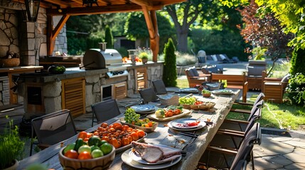 Wall Mural - Rustic Outdoor Dining Setting with Fresh Food and a Beautiful Garden