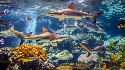 Canvas Print - Reef Sharks Swimming Through Vibrant Coral Reef