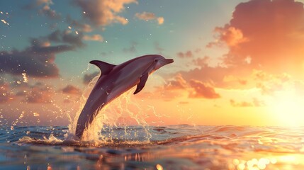 Wall Mural - Dolphin Leaping at Sunset Ocean Wildlife Photography