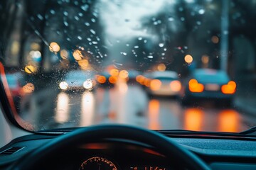 driving in heavy rain at night with blurred city lights