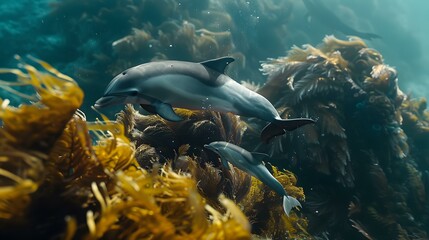 Canvas Print - Dolphins Swimming Through Kelp Forest Underwater Wildlife Photography