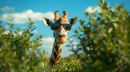 Poster - Cool Giraffe Wearing Sunglasses in a Bush