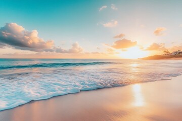 Wall Mural - Turquoise ocean waves crashing on sandy beach at sunset