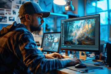 A man is working on a computer with a monitor displaying a cityscape,