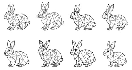 Wall Mural - set of abstract polygonal rabbits. linear geometric polygonal rabbits. cute rabbit in low triangular