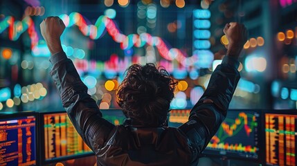 Leinwandbilder - Investor excitedly watching stock market rise on multiple screens, financial victory, market optimism. Generative AI.