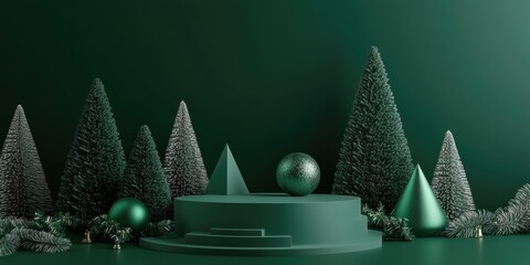 Aufkleber - Minimalist green podium with geometric shapes and pine trees set against a green backdrop Holiday celebration concept 3D rendered illustration