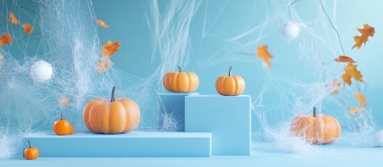 Aufkleber - Pastel blue 3D illustration of an autumn themed product display podium background featuring pumpkins and spiderwebs captured in a horizontal flat lay format
